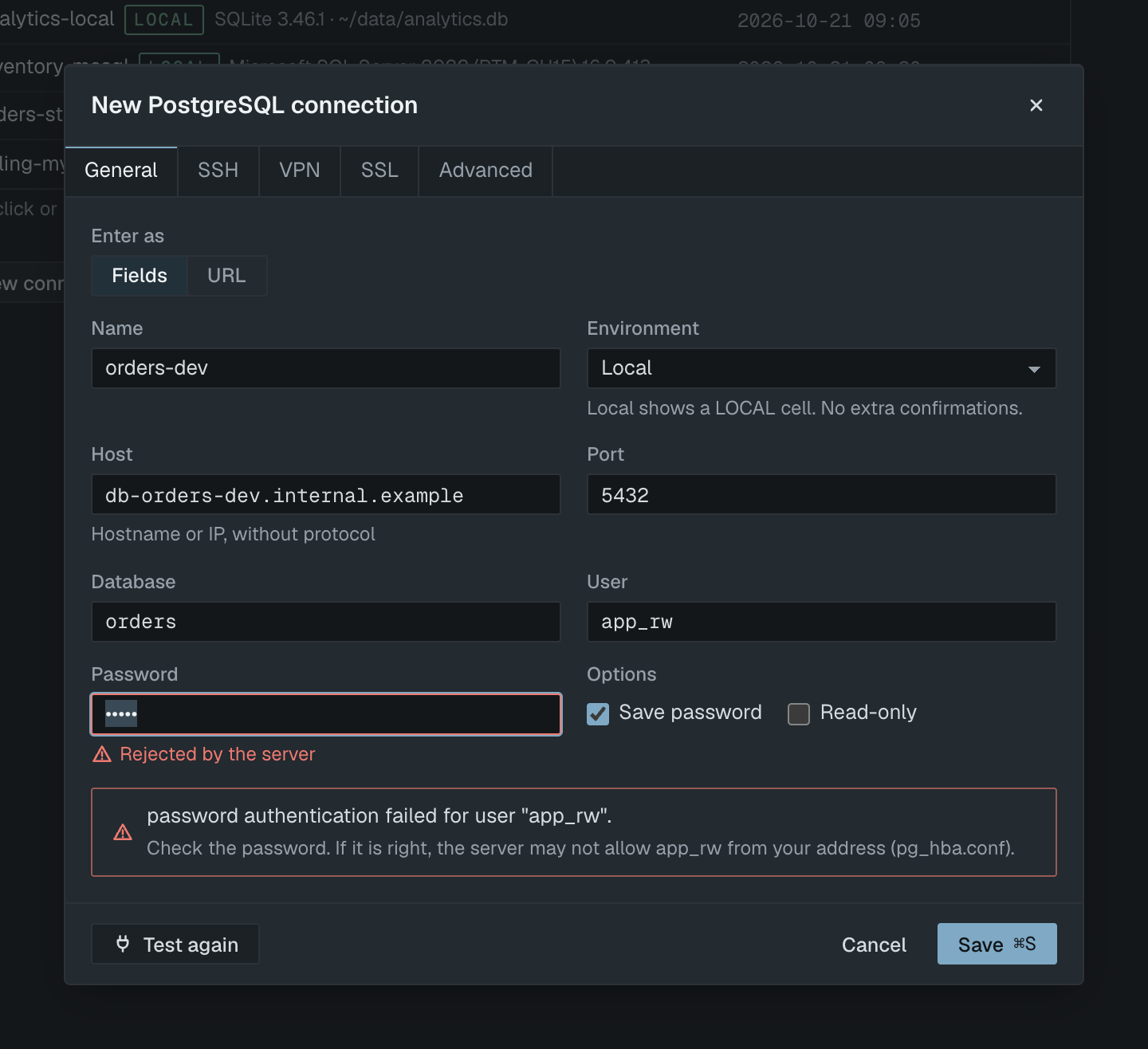 The test banner after a rejected password, with the Password field highlighted
