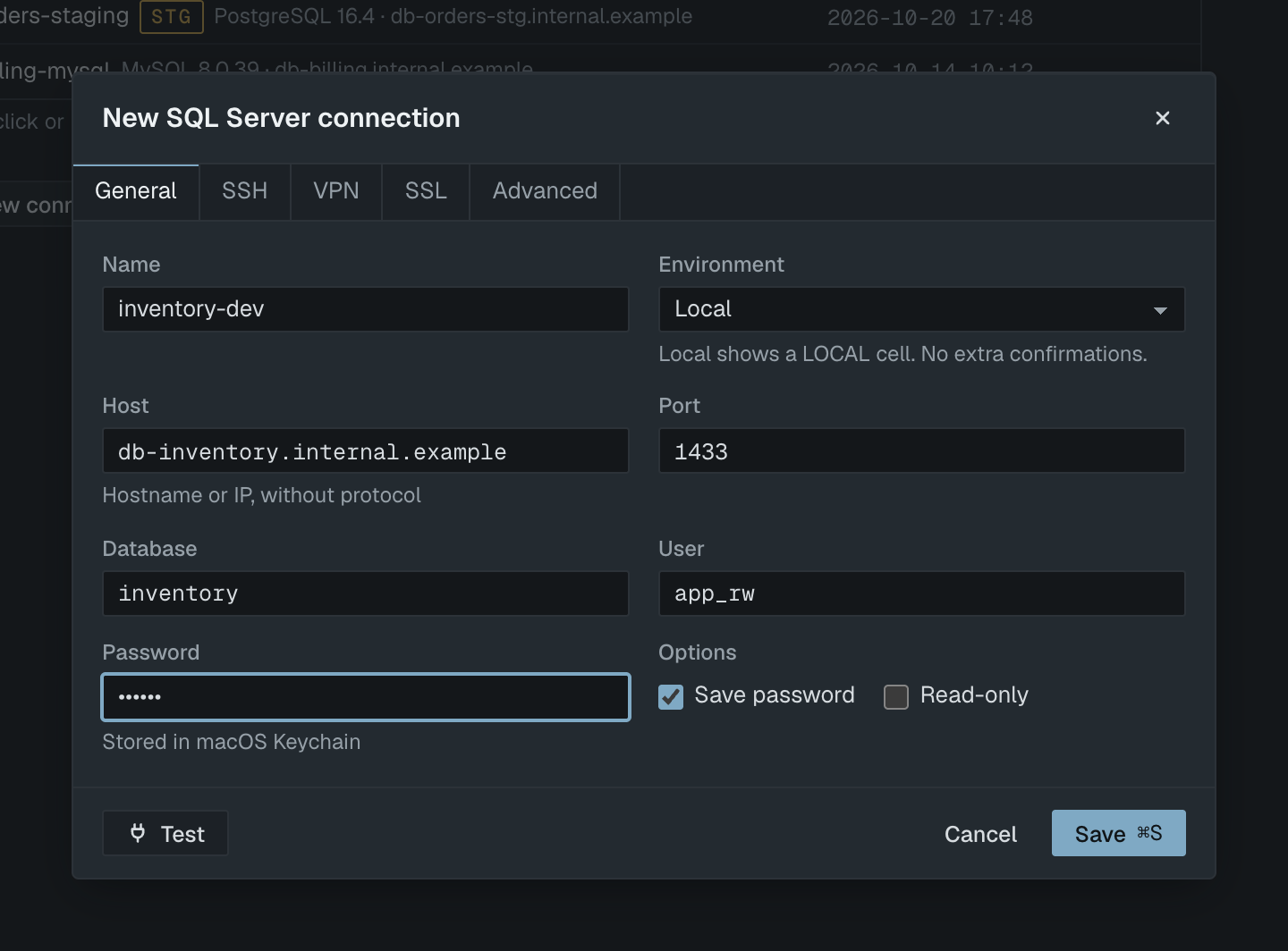 Dialog koneksi SQL Server baru