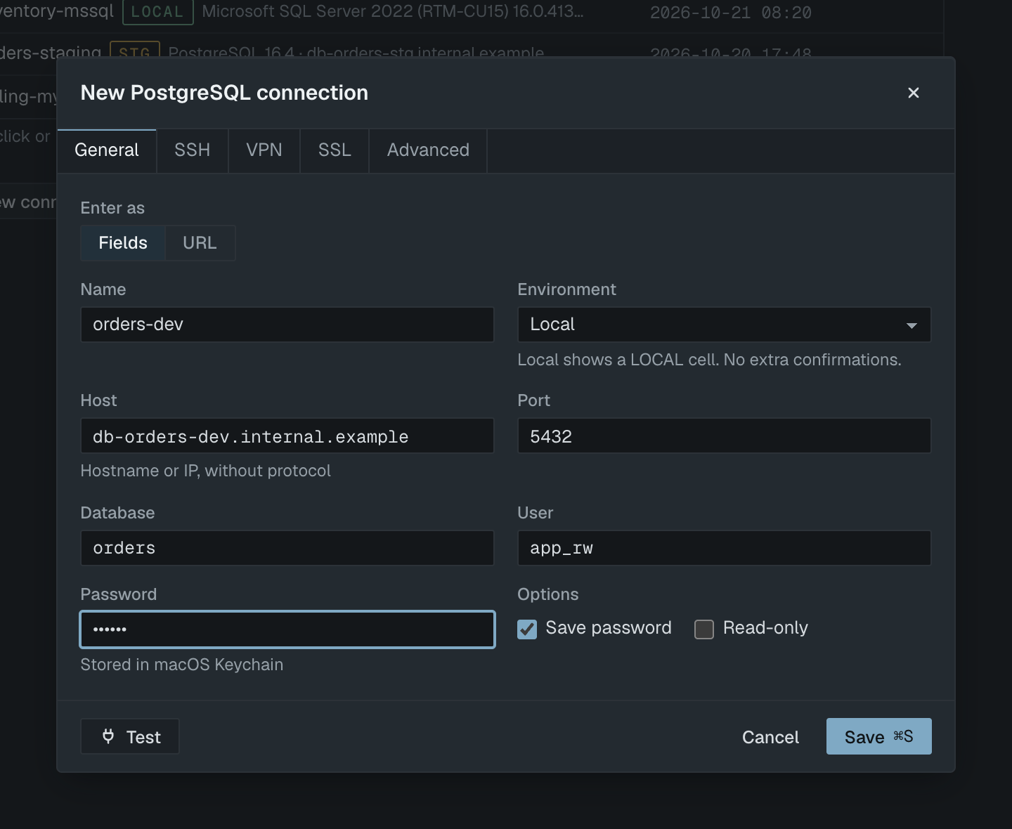The new PostgreSQL connection dialog