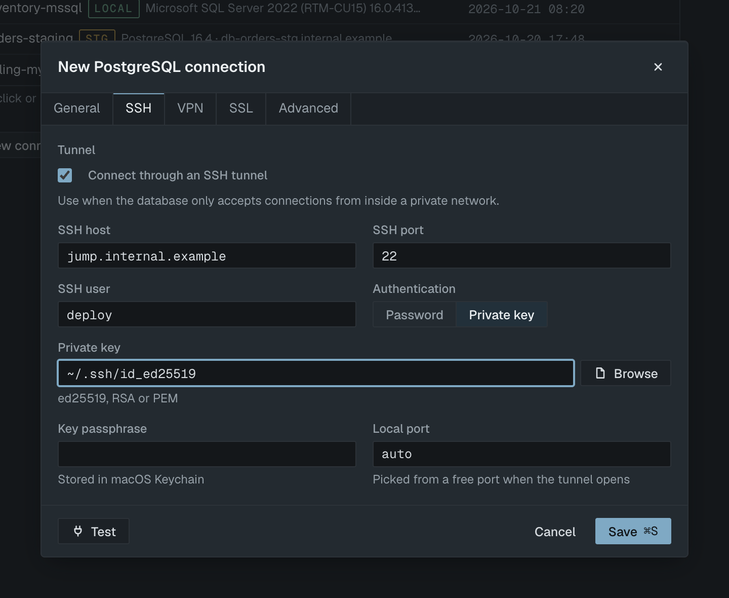 The SSH tab with a private key tunnel to a bastion host