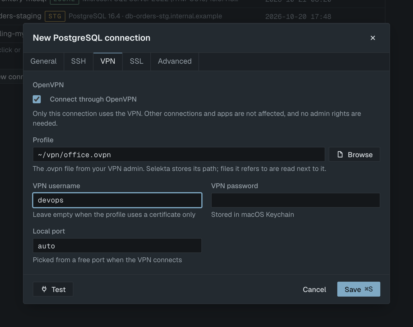 The VPN tab of a new PostgreSQL connection with Connect through OpenVPN ticked, the profile ~/vpn/office.ovpn chosen, a VPN username and Local port auto