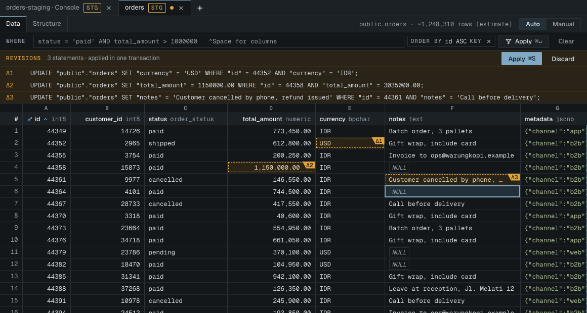 Data tab with amber revisions and the revision list