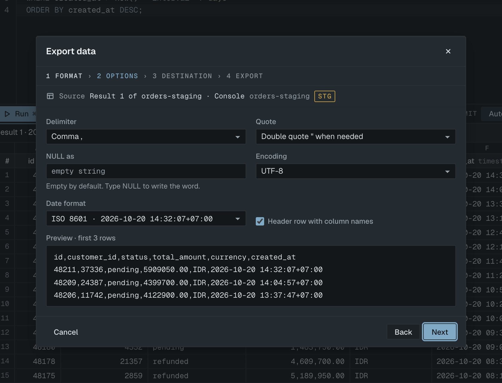 Export wizard with CSV options and a preview of the first rows