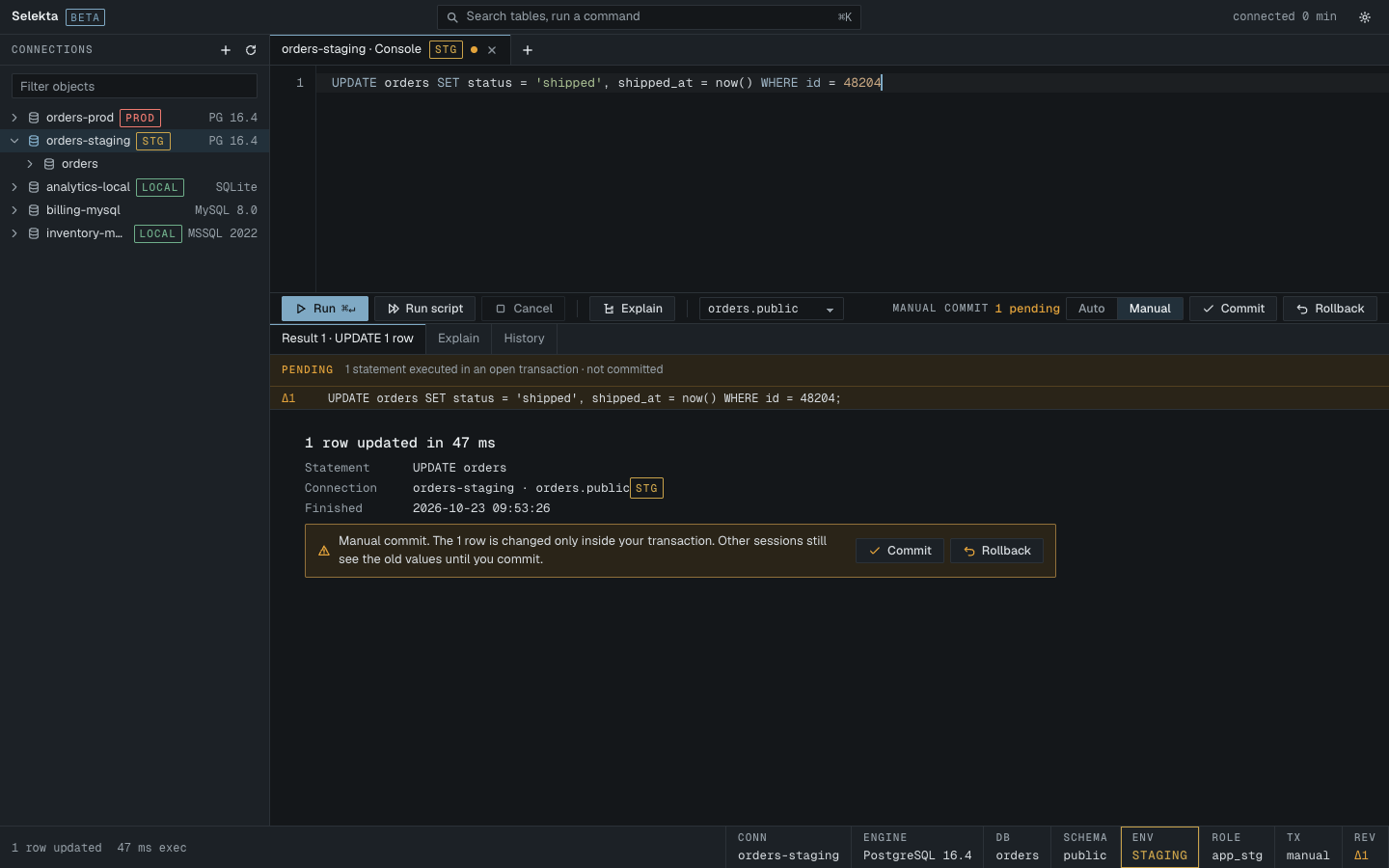 Manual commit with pending statements