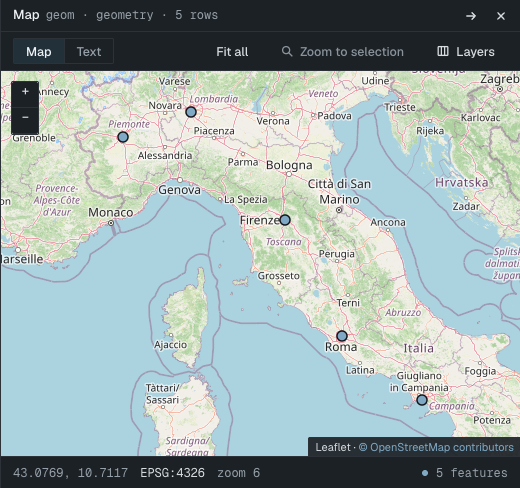 PostGIS geometry shown on the map panel
