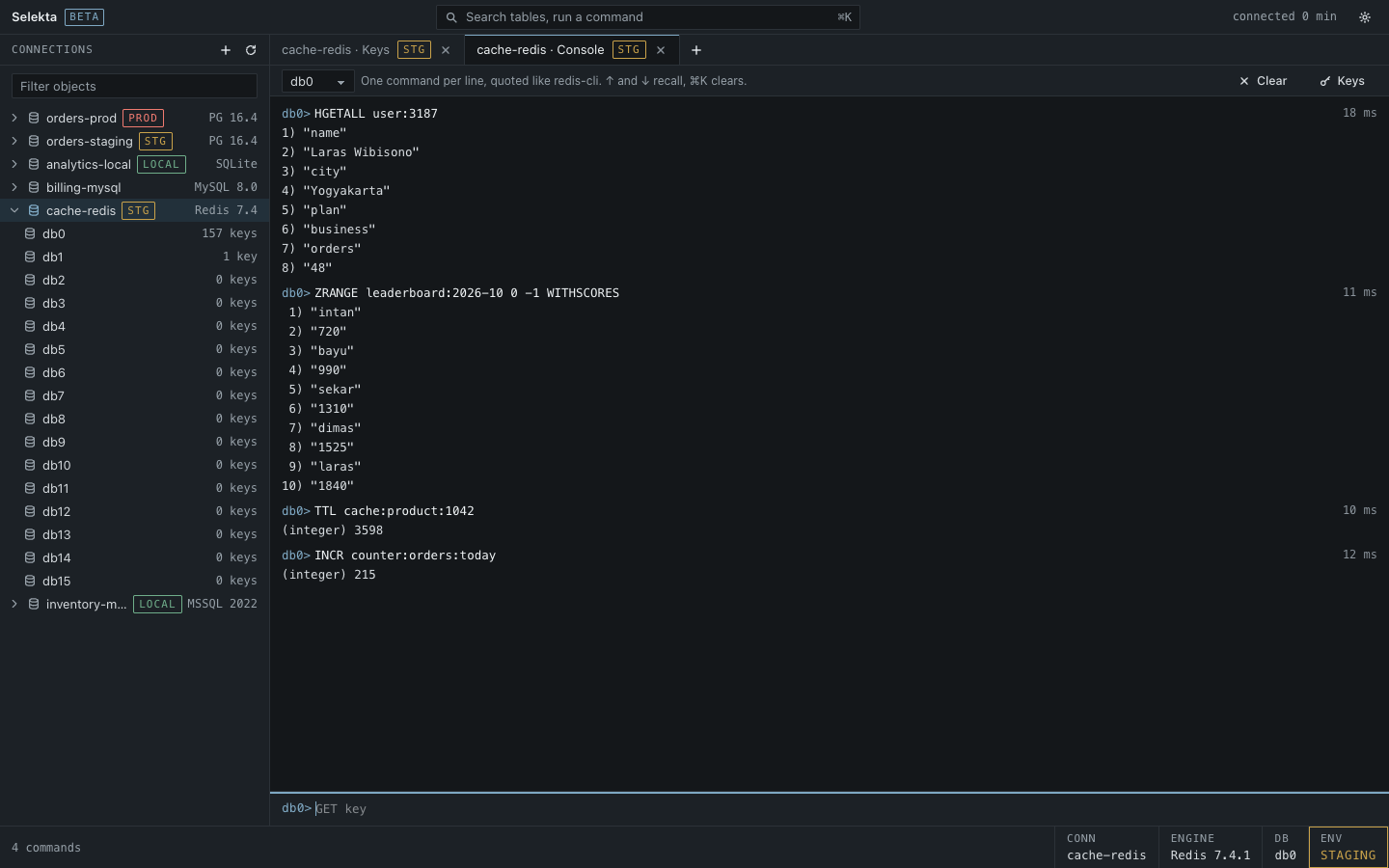 The console with HGETALL, ZRANGE WITHSCORES, TTL and INCR answered as numbered lists and integers