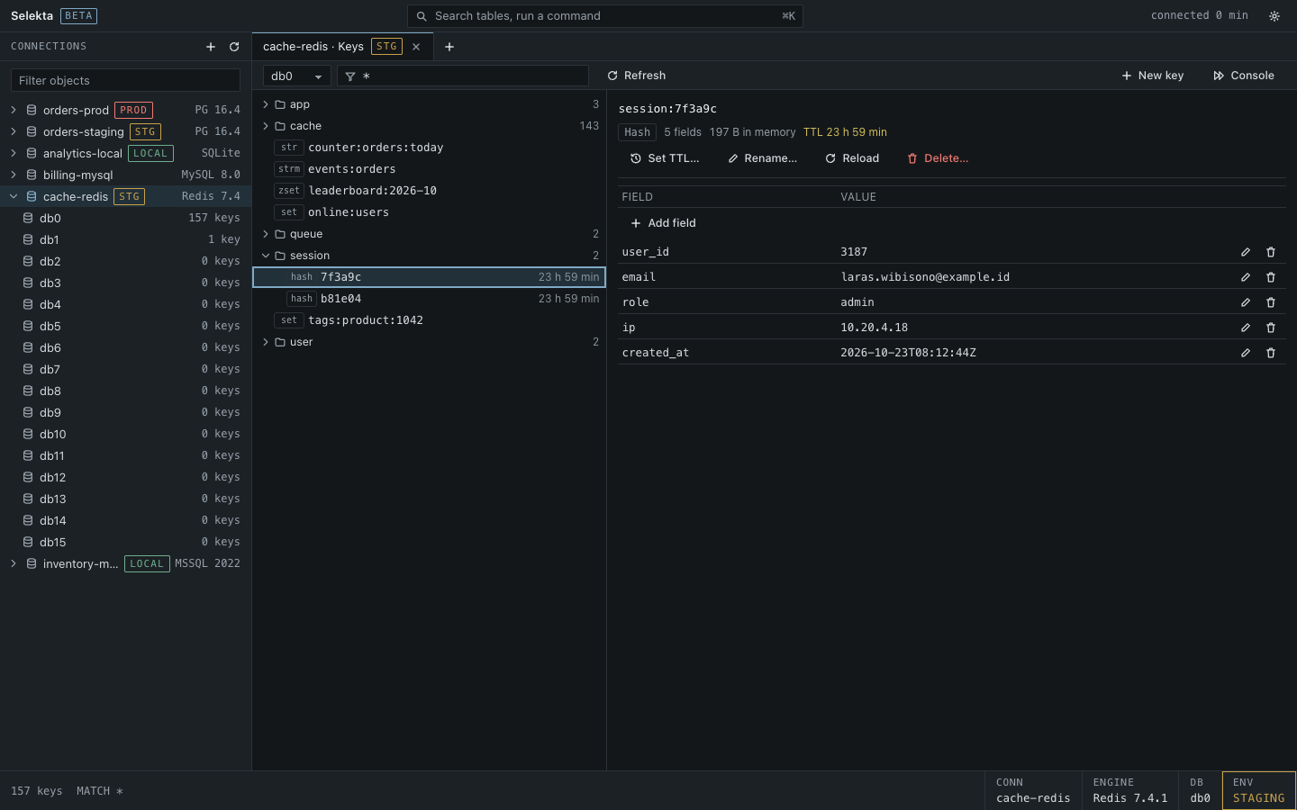 The Keys tab of cache-redis: keys grouped by prefix on the left, the hash session:7f3a9c with five fields, its size and a TTL of 23 h 59 min on the right