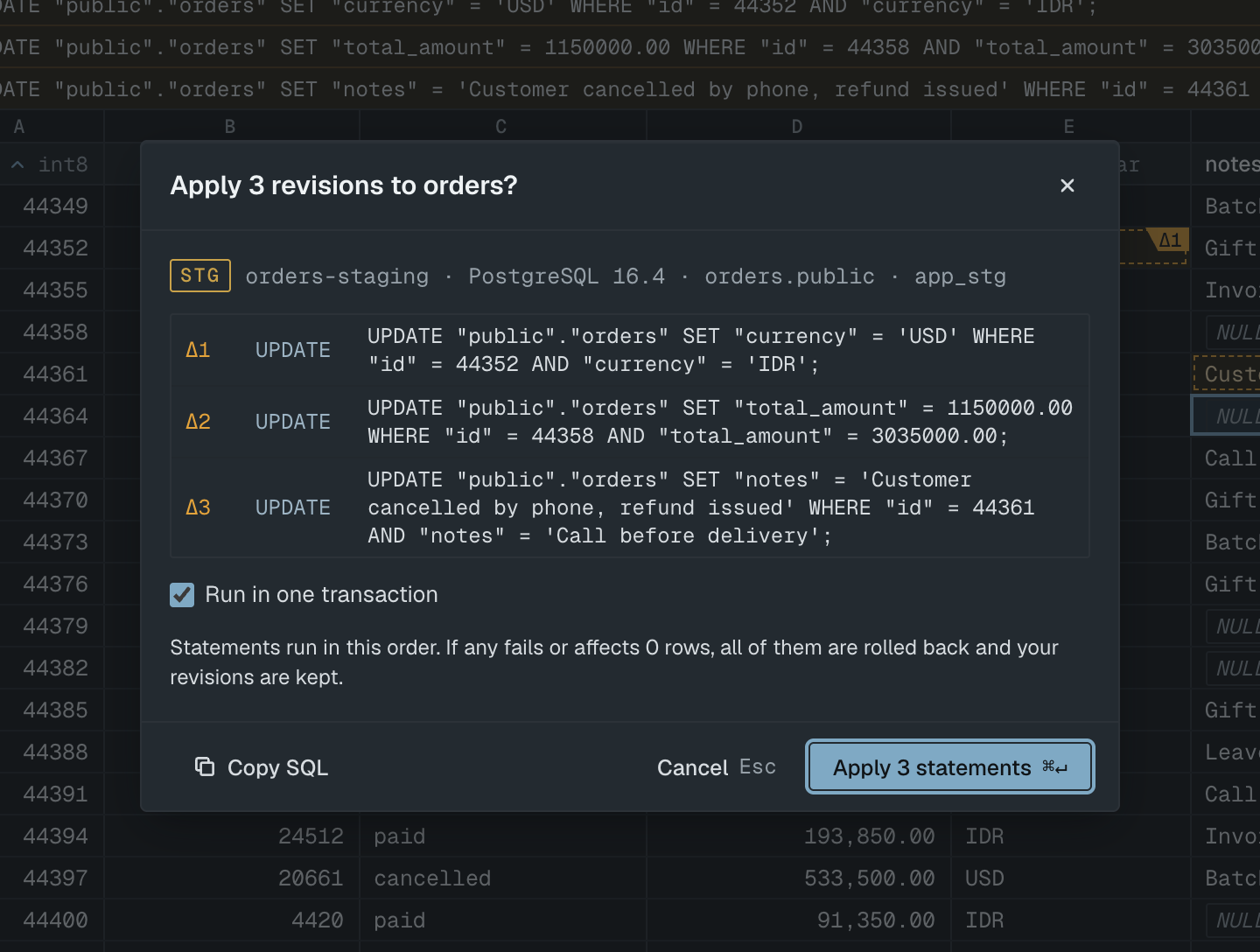 Review SQL dialog listing the statements to apply