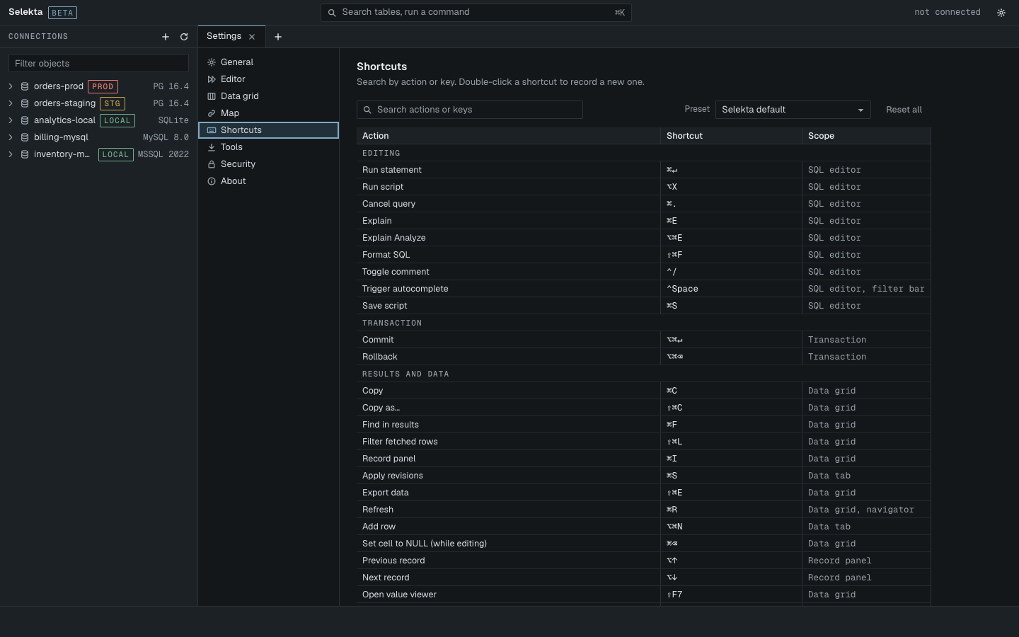 Settings › Shortcuts with the search box and preset menu