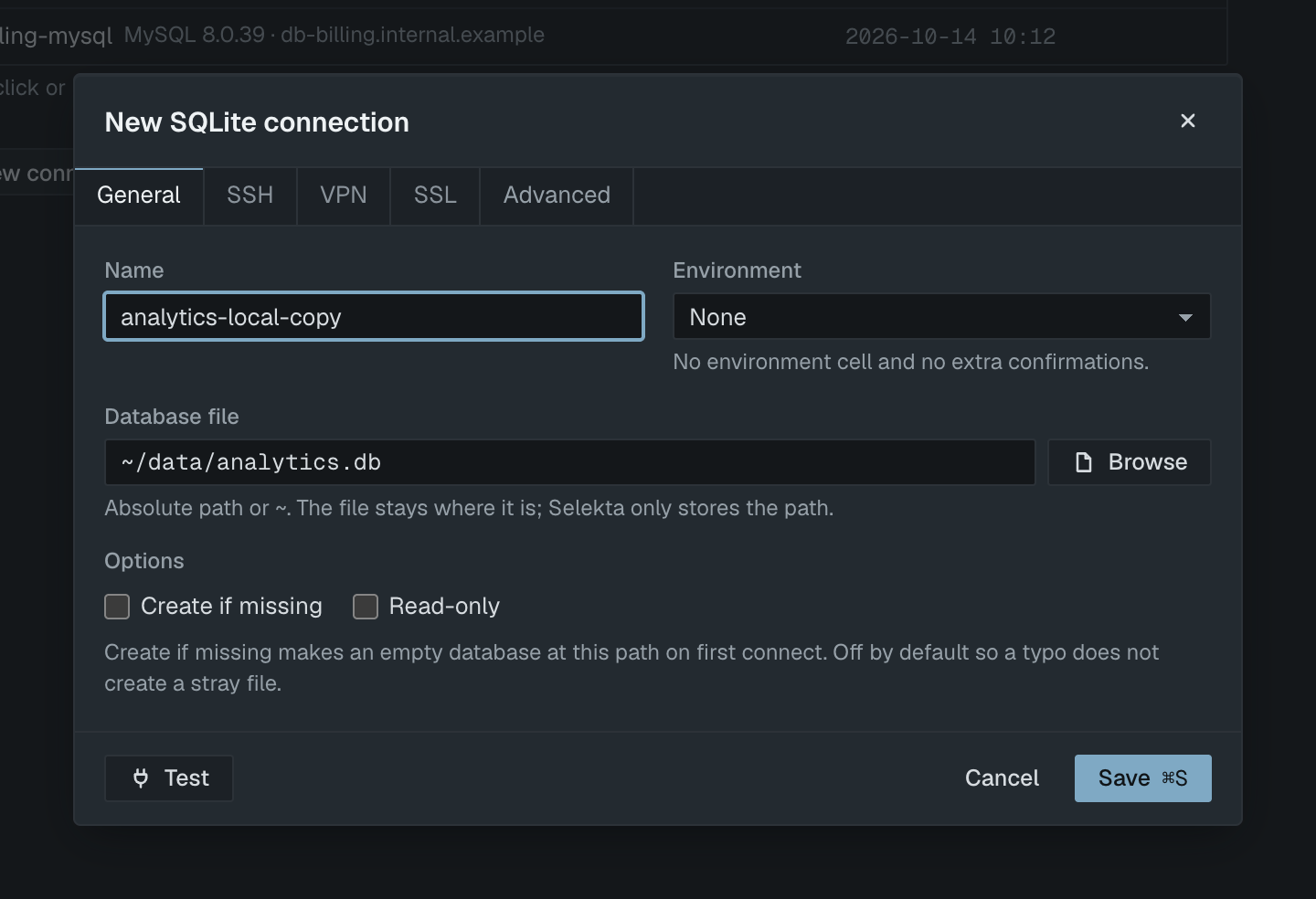 The SQLite connection dialog with a database file selected