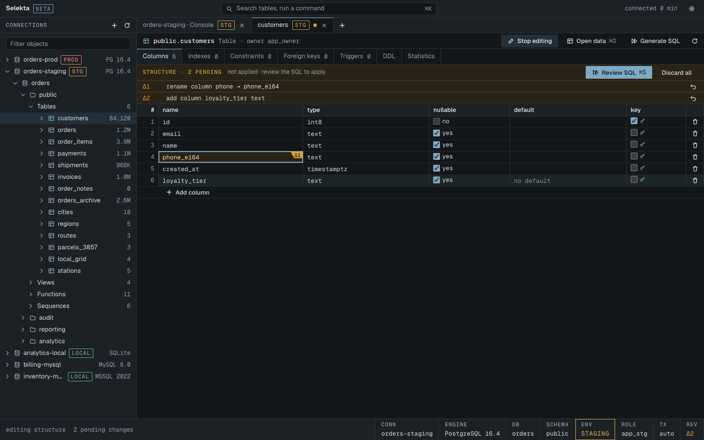 Structure editor with pending column changes