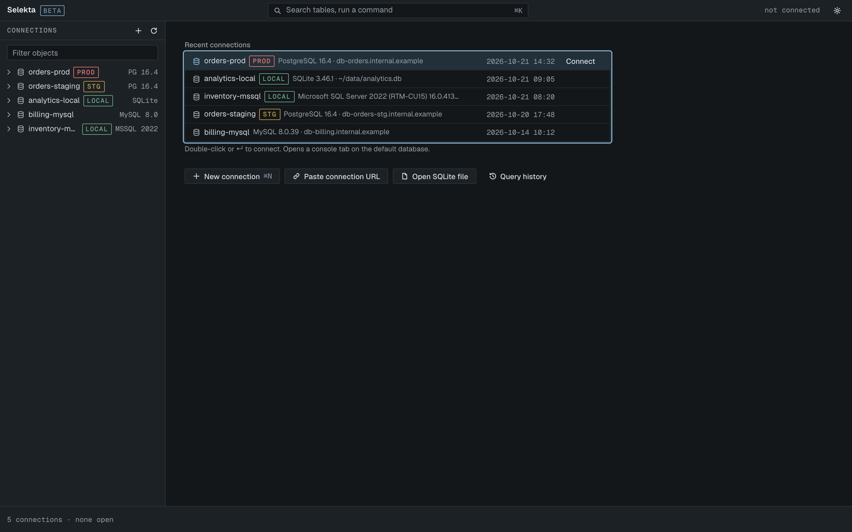 The Welcome screen with engine list and connection URL field